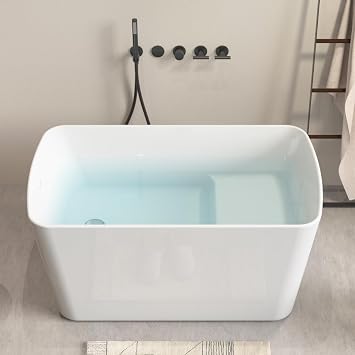 49" Acrylic Freestanding Bathtub, Square Shaped Japanese Soaking Tub with Seat Design, Stand Alone Tubs W/Pop-UP Chrome Drain, Slotted Overflow, cUPC Certified, Glossy White