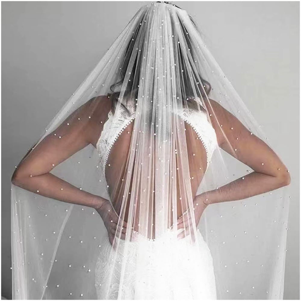 Voile de mariée avec perles blanc/ivoire - Voile de mariage - 1 couche de tulle souple - Avec peigne en métal - Élégent - Église - Long voile de perles - Accessoire de cheveux pour femme -