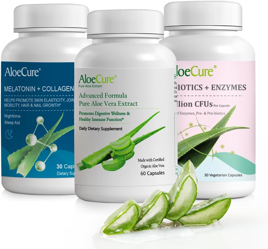 AloeCure Organic Aloe Vera Capsules Pack - 3 Pieces - Melatonin + Collagen, Aloe Vera Capsules, Probiotic + Enzyme
