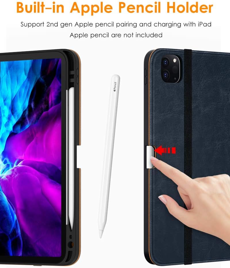DTTO Case for New iPad Pro 12.9 Inch 4th Generation 2020/2018, Premium PU Leather Folio Stand Cover [Apple Pencil Pair and Charge Supported] - Auto Wake/Sleep and Multiple Viewing Angles, Blue