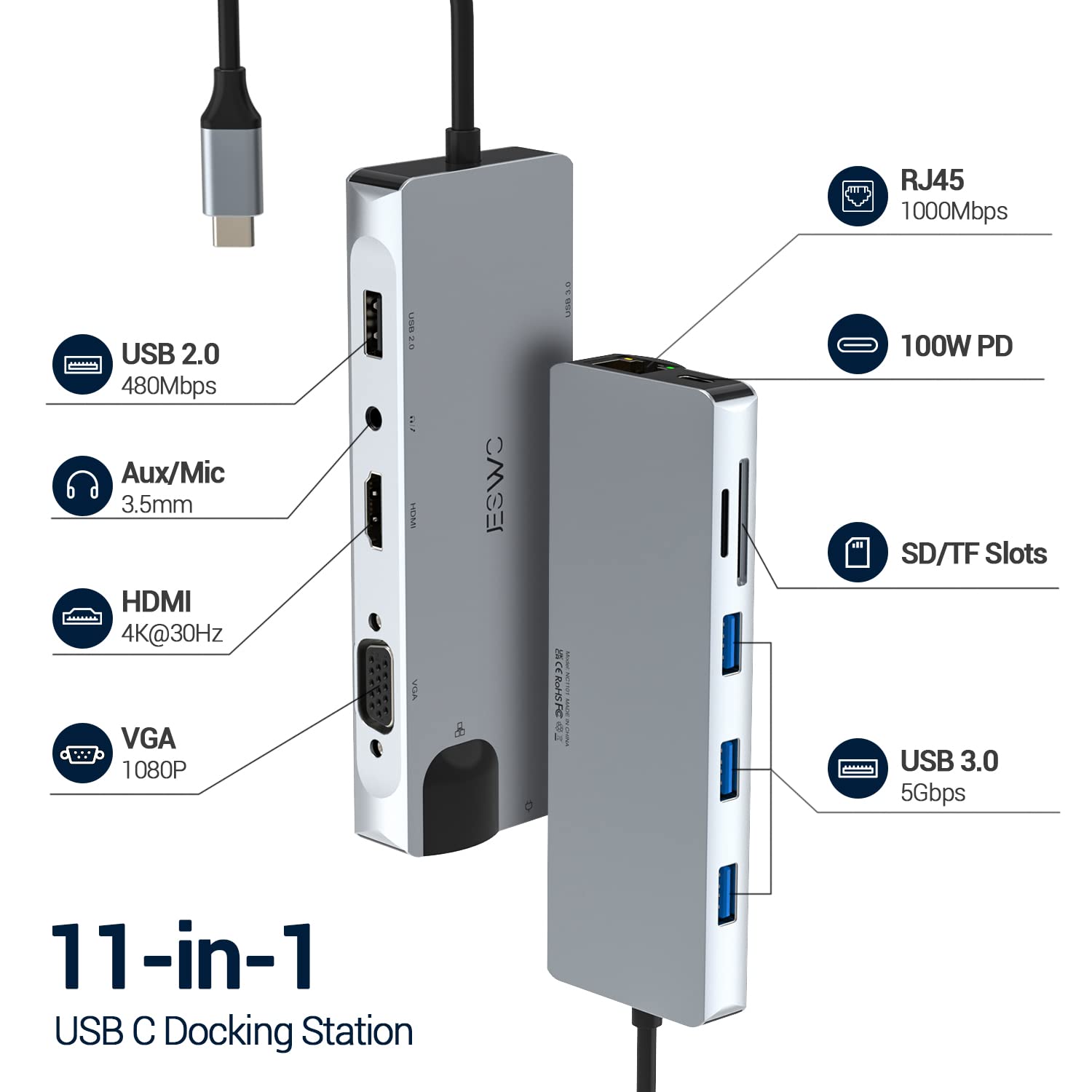 USB C Hub, 11 en 1 Adaptador Multipuerto Hub Tipo C con HDMI 4K, 3*USB 3.0, 2*USB 2.0, USB C 100W PD Carga, Ethernet de 1000 W, Lector de Tarjetas SD/TF y VGA, Compatible con Macbook Pro/Air