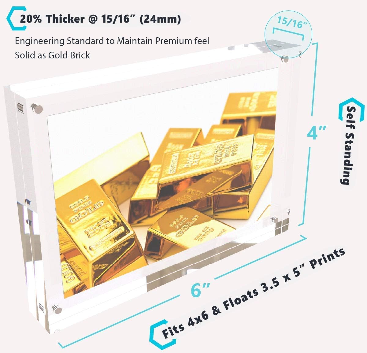 RAINIBOW Acrylic Picture Frames 4x6 (1 Pack) 20% Thicker, Double Sided Tabletop Frameless Clear Lucite Glass Block w Magnets,Free Standing Desktop Display Keepsake Tickets Postcards Awards