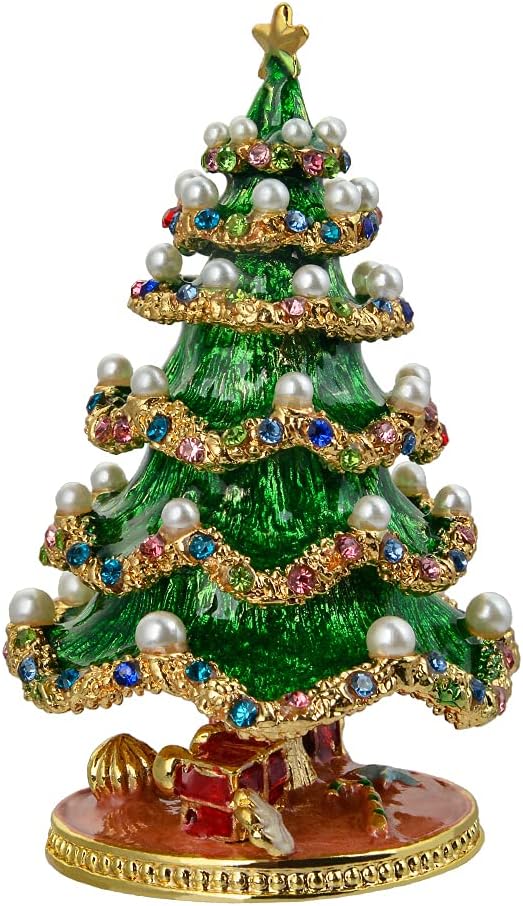 Golden Crystal Enameled Christmas Tree Jewelry Box, Hand-Painted Hinged Holiday Trinket Box, Elegant Home Décor & Unique Gift for Men & Women