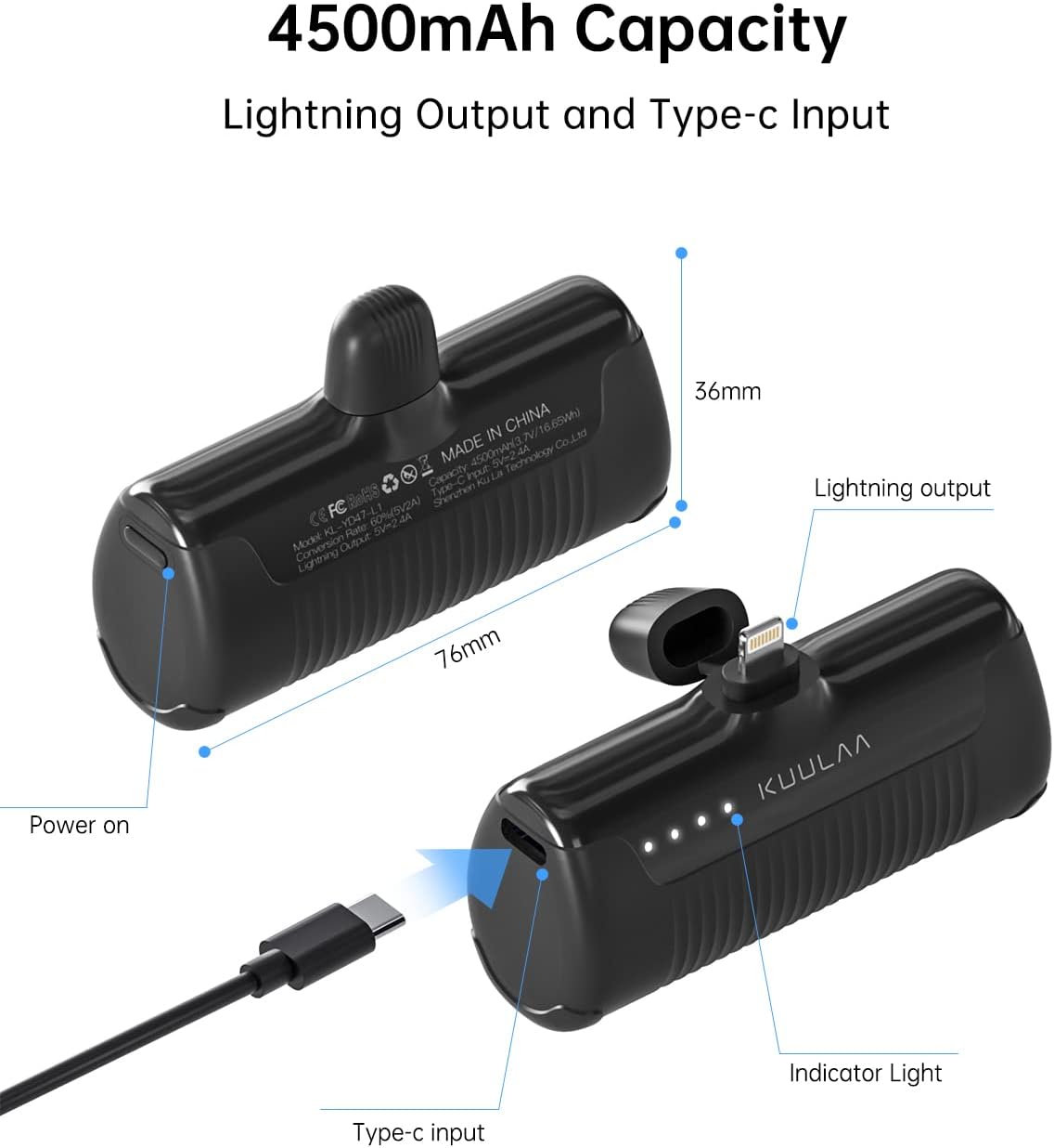 Diagram of Kuulaa Portable Charger showing Lightning output, Type-C input, and dimensions
