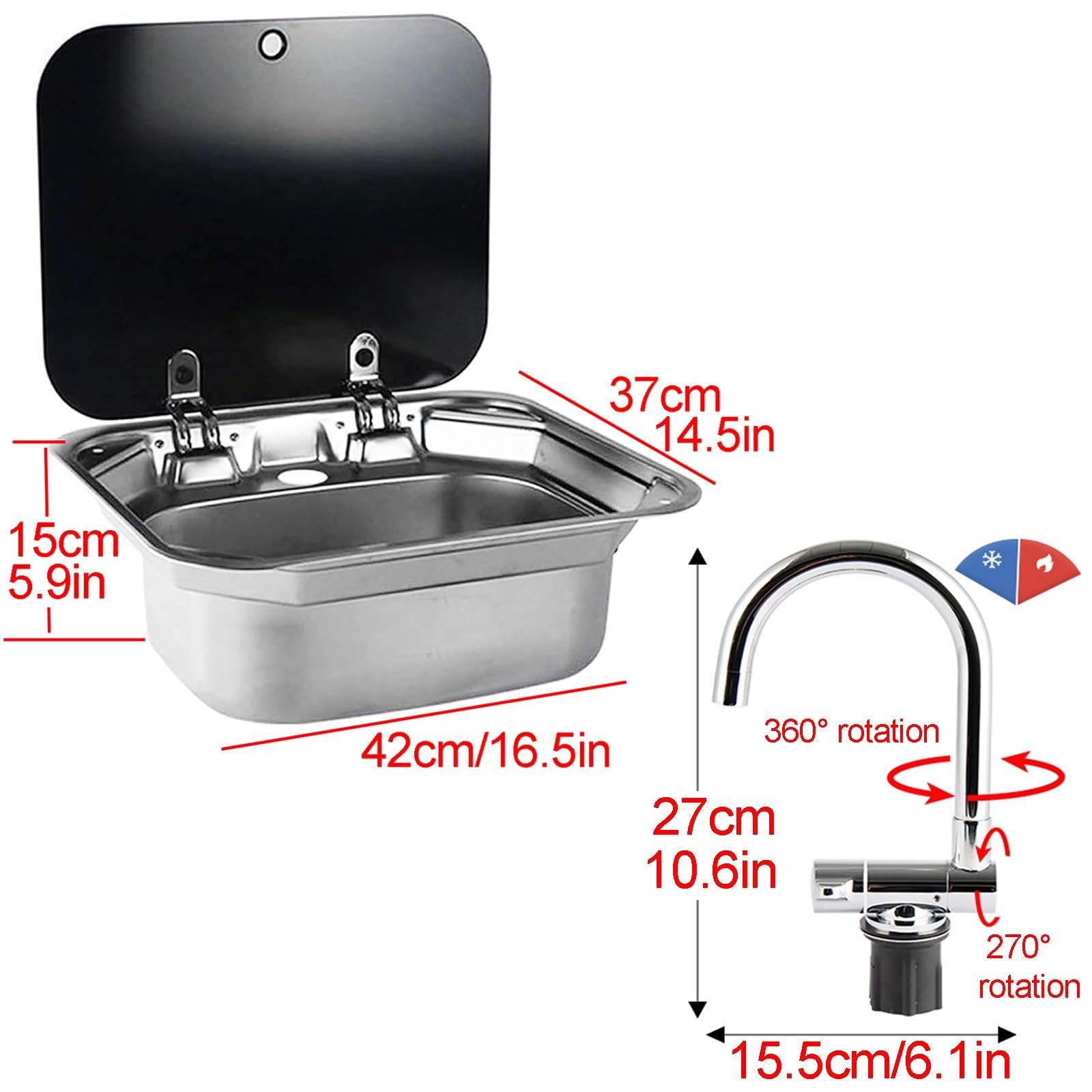 Fregadero de Cocina para Autocaravana con Grifo Plegable, Fregadero de Cocina Bajo Encimera de Acero Inoxidable 304 con Tapa, para Caravana, Remolque o Autocaravana