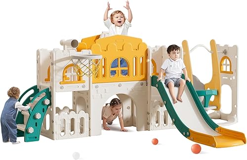 Tobogán 10 en 1 para niños pequeños, de 1 a 3 años con columpio, aro de baloncesto y telescopio, tobogán para niños pequeños, juego para interiores