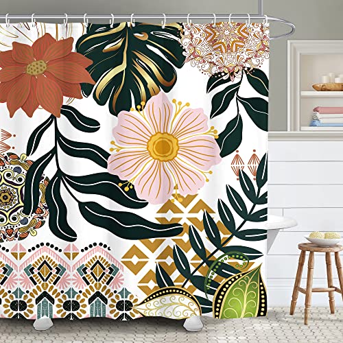 Yookeb Boho Floral Bohemian Flower Tropical Bathroom Shower Curtain Leaves Palm Summer Spring Colorful Mandala Polyester Fabric 12 Plastic Hooks Waterproof Decor #TOP8