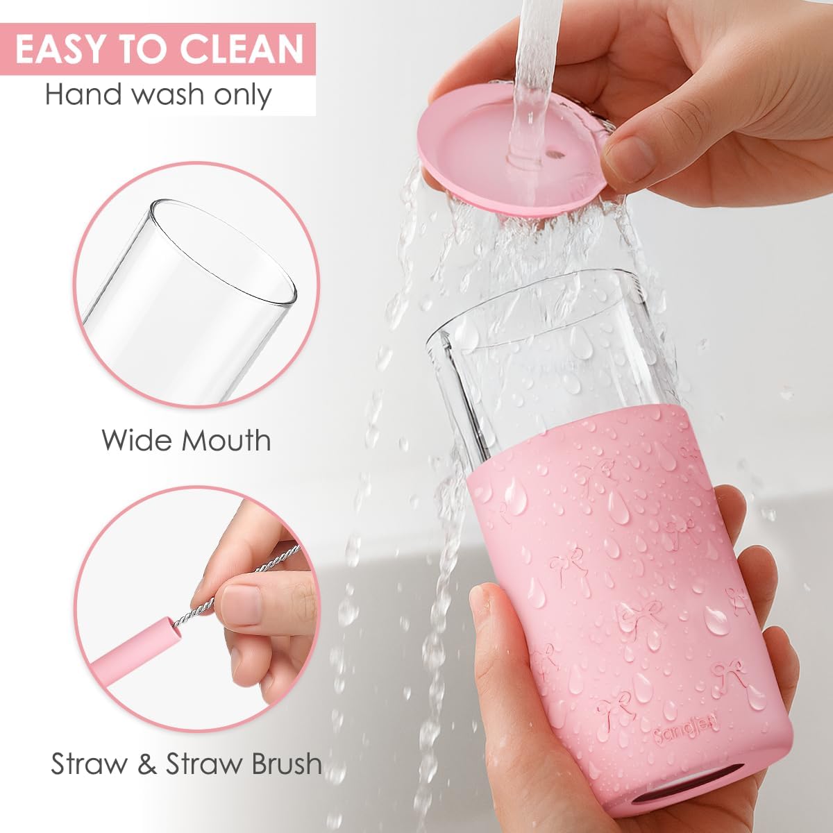 SANDJEST Glass Tumbler with Straw and Lid, Glass Water Bottle with Silicone Sleeve 20oz with Bow, Smoothie, Iced Coffee Cup, Bow Gifts for Women Teen Girls Birthday Christmas - Image 3