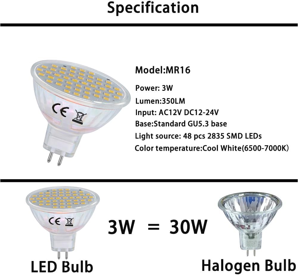 MR16 Gu5.3 48-2835 SMD LED Bulb 3W(30W Incandescent lamp Equivalent) AC12V DC12-24V Warm White Glass Cover for Spotlight Lamp Track Lights,Desk Lamps,Pack of 6