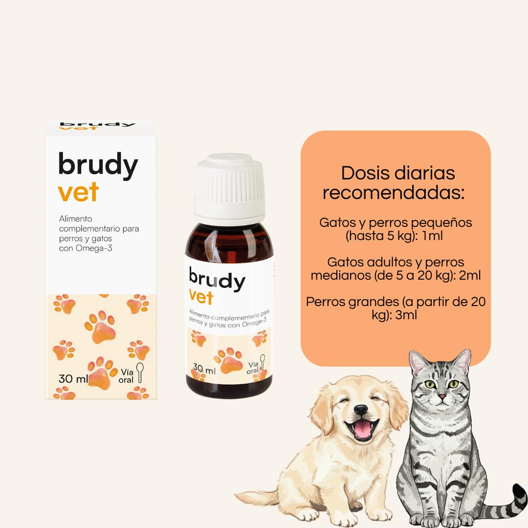 BRUDYLAB - Brudy Vet - Alimento Complementario para Perros y Gatos con Omega 3 - Aceite Vegetal, Aceite de Pescado y Vitamina E - Via Oral - 30 ml