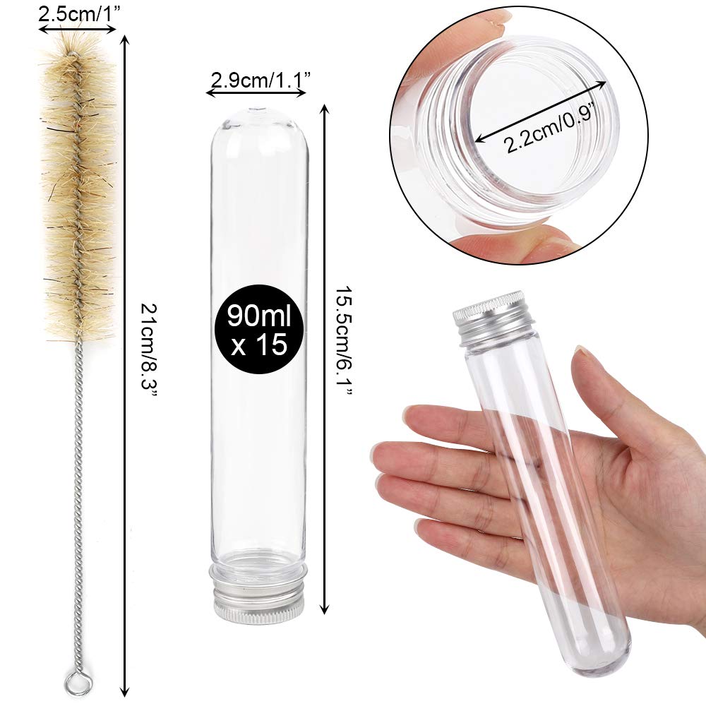 JPSOR 15pcs 155x30mm (90ml) Clear Plastic Test Tubes with Screw Caps and 1 Test Tube Brush for Scientific Experiments, Party, Decorate The House, Candy Storage
