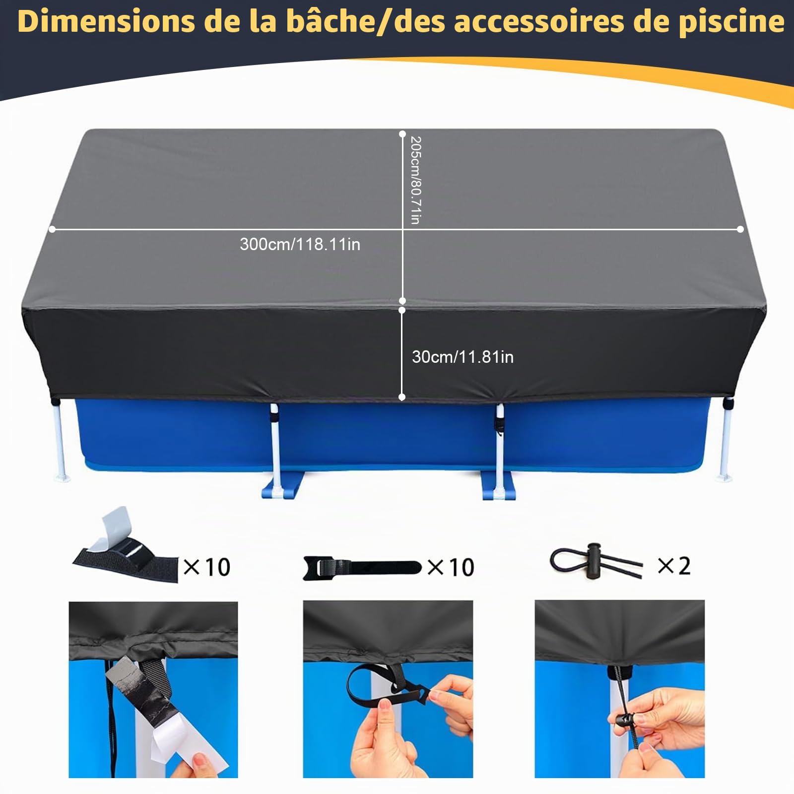 Bâche de Piscine Rectangulaire 300 * 205 * 30cm avec Fixer Cordon de Serrage &Lacets, Étanche à la poussière - Doublure imperméable