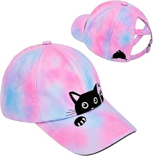 Girls Cute Cat Baseball Cap Kids Ponytail Hat Quick Dry Summer Outdoor Sports Trucker Hats for 5-15 Years