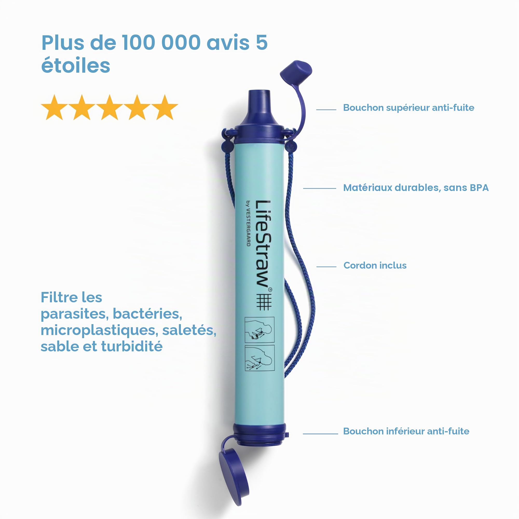 LifeStraw Lot de 5 filtres à eau personnels pour randonnée, camping, voyage et préparation aux situations d'urgence, bleu