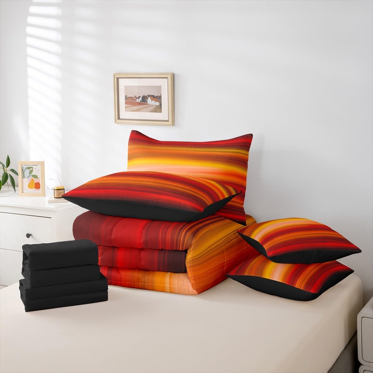 Feelyou Orange Red Print Bedding Set Gradient Orange 7 Piece Bedding Set Romantic Color Comforter Microfiber Yellow Dark Red Bed Set Includes Comforter, Sheet Set, Pillowcases & Pillow Covers Queen