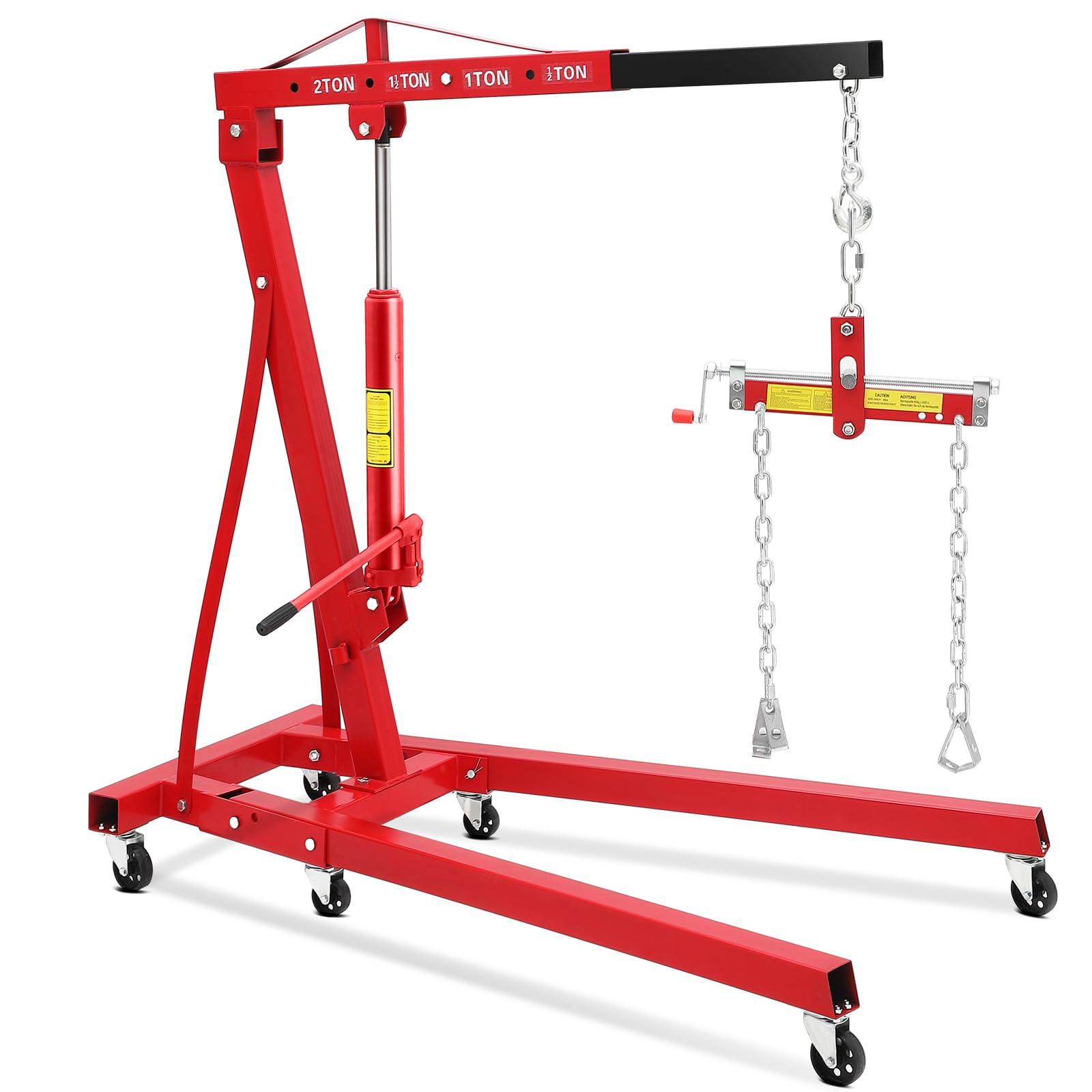 2 Ton Hydraulic Engine Hoist with Leveler, Folding Mobile Shop Crane Cherry Picker with Adjustable Booms &amp; 6 Lockable Casters, Compact Engine Crane for Garage Workshop, Red
