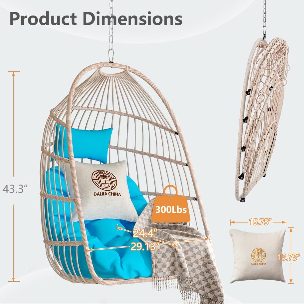 Foldable Patio Hanging Egg Chair Set Weather-Resistant Resin Wicker Swing Pod with Removable Washable Polyester Cushion Headrest Pillow Stainless Steel Hanging Kit Heavy-Duty (Blue + HDPE)
