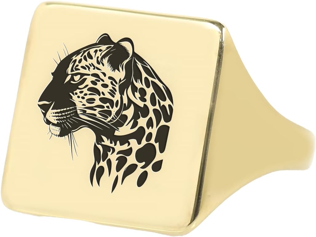 Gold Jaguar Signet Ring – Custom Animal Jewelry – Bold Square Shaped Statement Ring