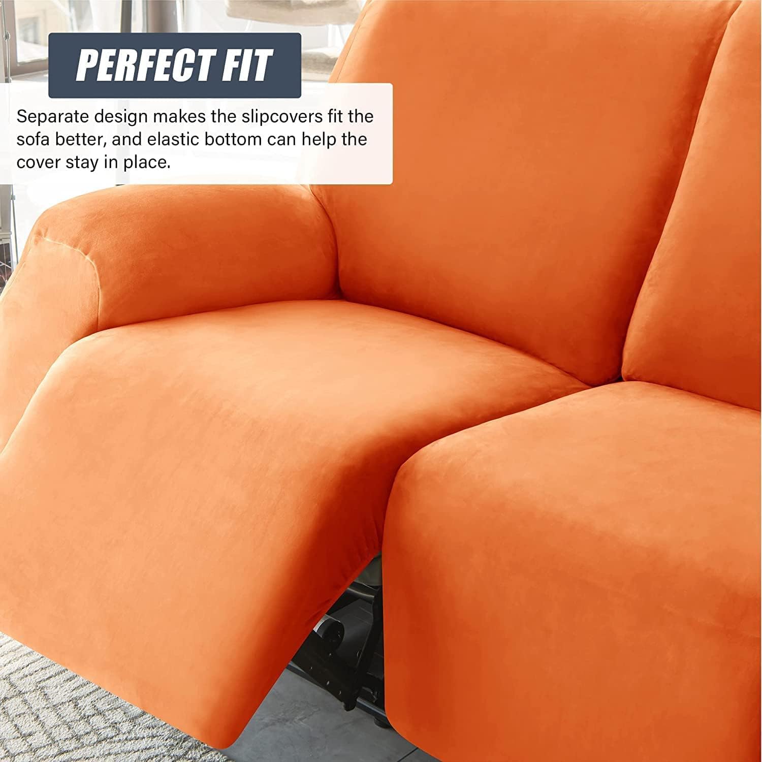 Stretch Velvet Recliner Sofa Cover with Elastic Bottom Anti Slip Slipcovers for 2 Seater Split Reclining Couch (Orange 6 Piece Set)