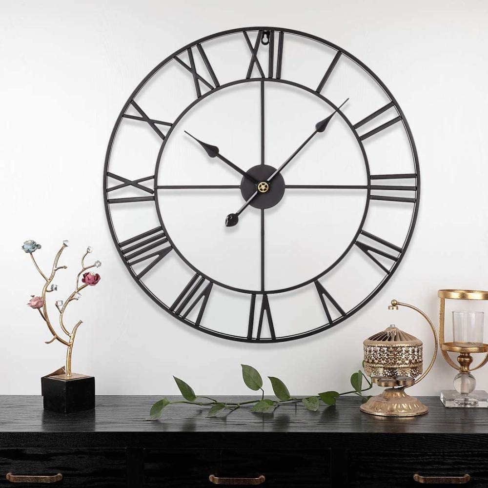 Duży zegar ścienny, 40/50/60CM cichy żelazny zegar ścienny, starożytne cyfry rzymskie, staromodny cyfrowy zegar ścienny w stylu retro-czarny-60cm (czarny 60cm)