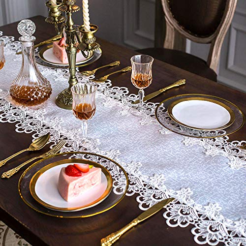 Artable Rectangle Fabric Lace Table Runner Table Runners With Exquisite Macrame Embroidery For Bridal Shower Wedding Party Decorations Long Dinner Tables (White, Table Runner 16" X 84") #TOP2