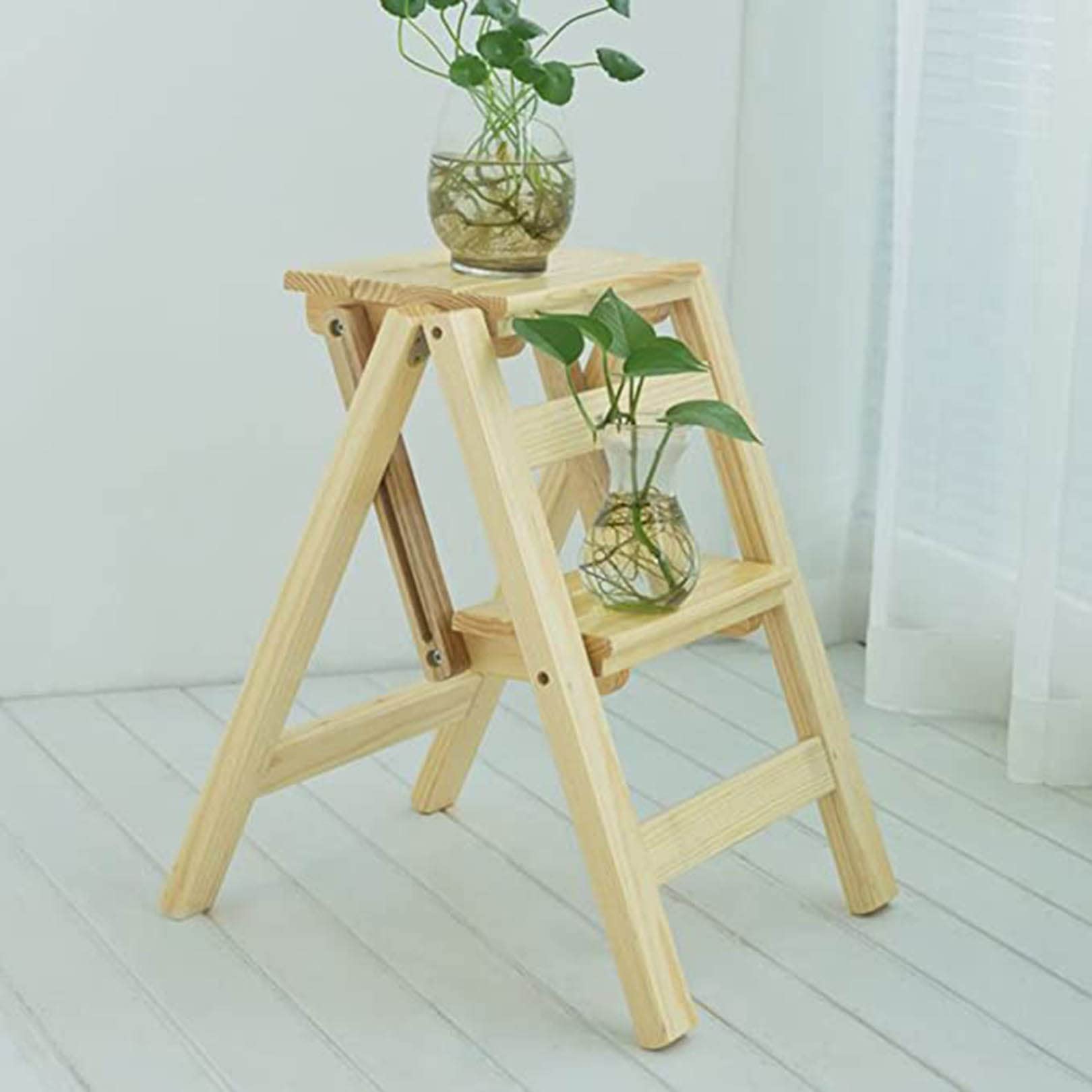 podnóżek, Krzesło drabinkowe Składany drewniany stołek z 2 stopniami(Natural)