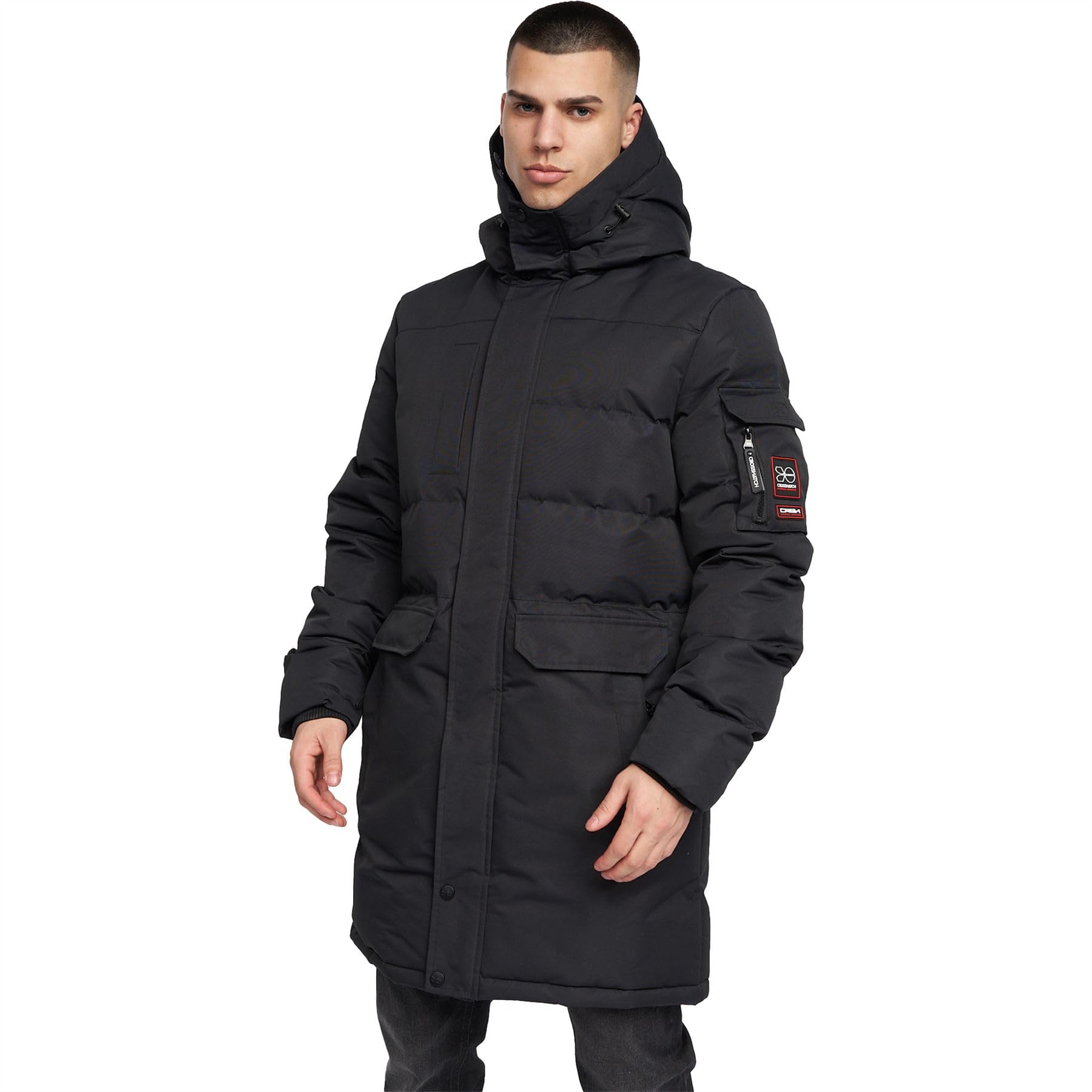 Crosshatch Mens Longline Coat Hooded Parka Padded Fleece Lined Puffer Quilted Warm Winter Bubble Long Jacket, Malwaka - Black, L