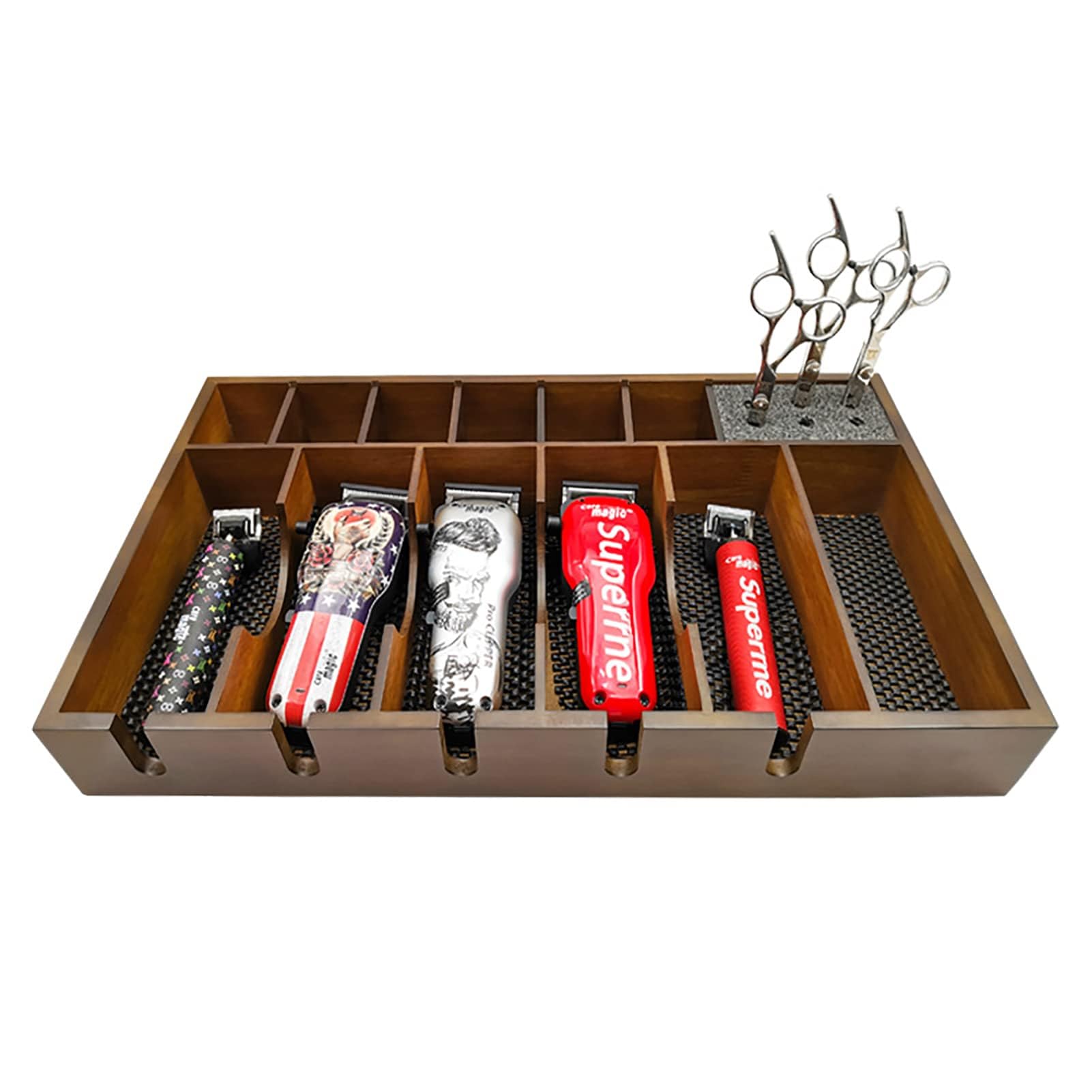 ZIBARBER Barber Clipper Tray Barber Clipper Organizer Tray Anti-slip Salon Clippers Organizer Razor Case with 5 Notches Professional Hair Trimmer Holder Hair Clipper Holder(Wooden)