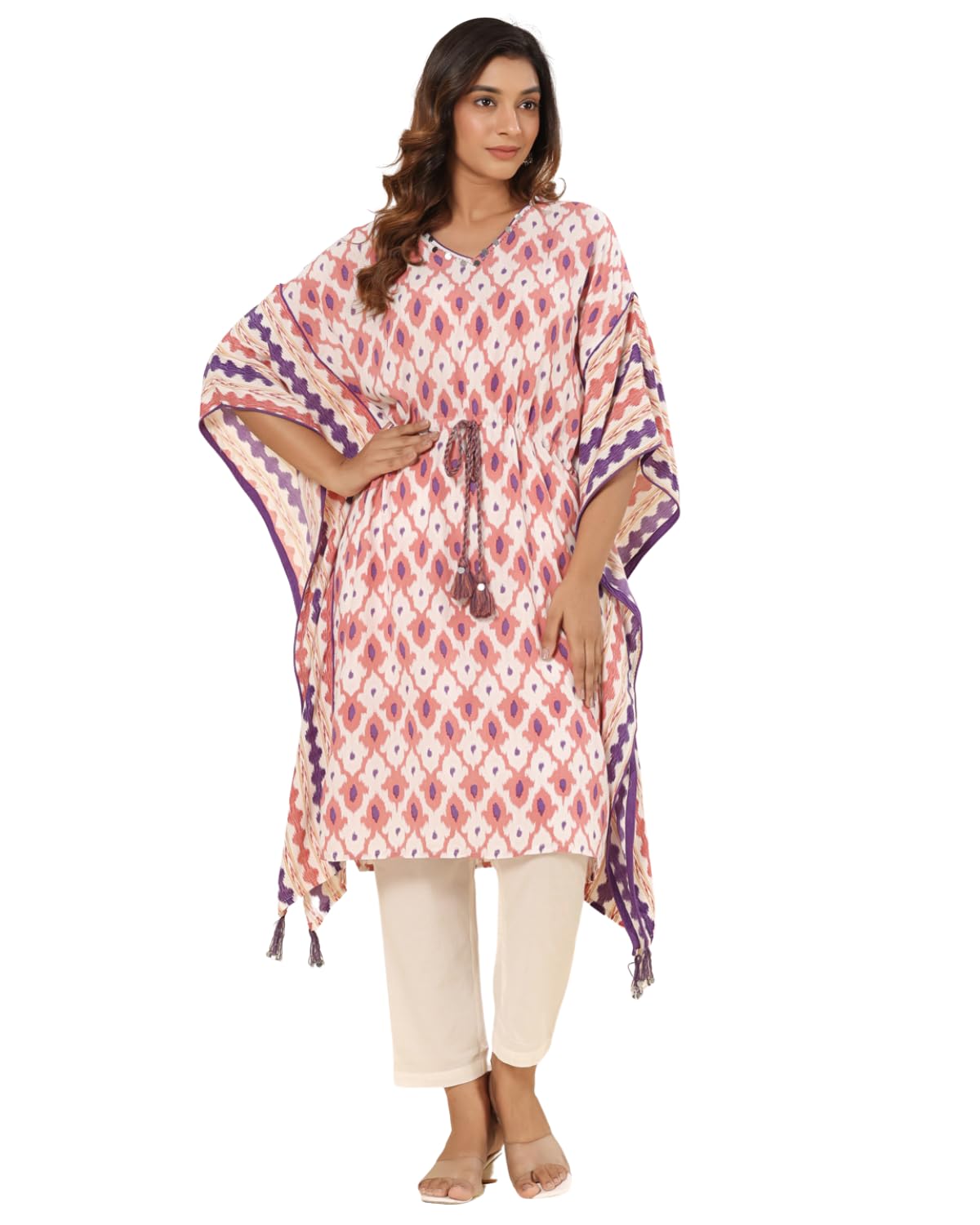 Women Rayon Printed Kaftan Kurti | Stylish V-Neck Loose Fit Kurta with Kimono Sleeves | Casual Ethnic Beach Wear Tunic | Blue & Yellow-image-39