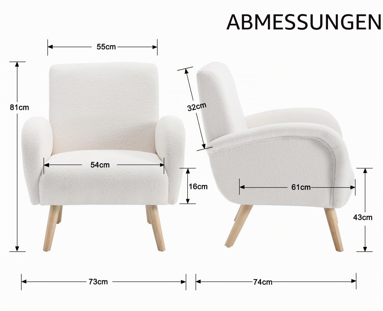 chairus Kunstfell Loungesessel Ohrensessel für Wohnzimmer Polstersessel Einzelsofa für Schlafzimmer Akzentstuhl Relaxsessel mit Holzbeinen (Weiß)