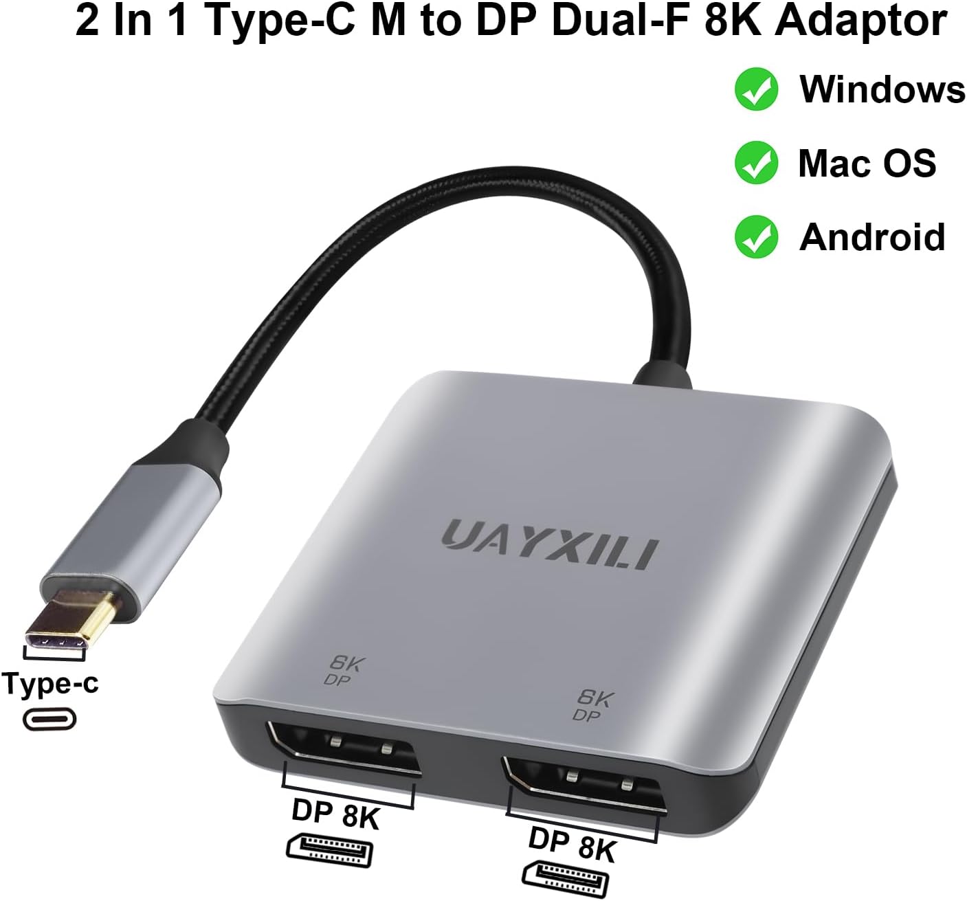 USB C to Dual DisplayPort Adapter 8K@60Hz,DP Splitter 1 in 2 Out Extended Display for Windows, Type-C to 2 DP MST Hub for Dual Monitors Compatible with XPS 13/15, Lenovo, Chromebook, HP etc