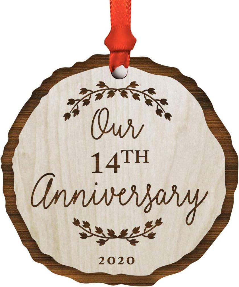 Andaz Press Real Wood Rustic Farmhouse Keepsake Christmas Ornament, Engraved Wood Slab, Our 14th Anniversary 2026, Rustic Laurel Leaves, 1-Pack, Includes Ribbon and Gift Bag
