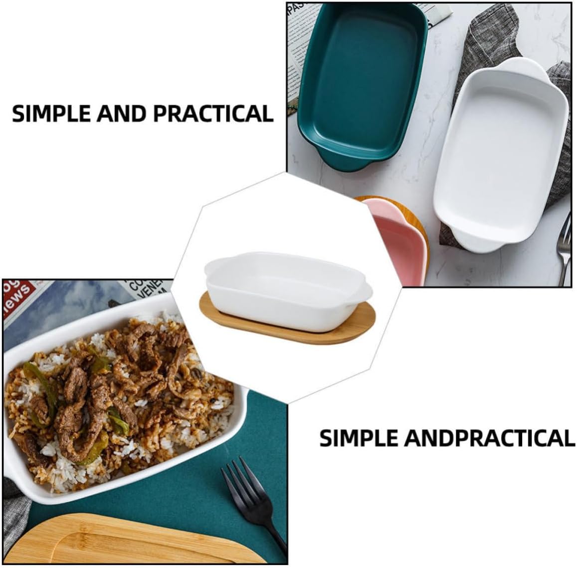 Ciieeo Multi-purpose Double Handle Baking Tray with Ceramic Plate and Wooden Lid, Elegant White Microwave Baking Plate for Household Roasted Dishes and Kitchen Storage