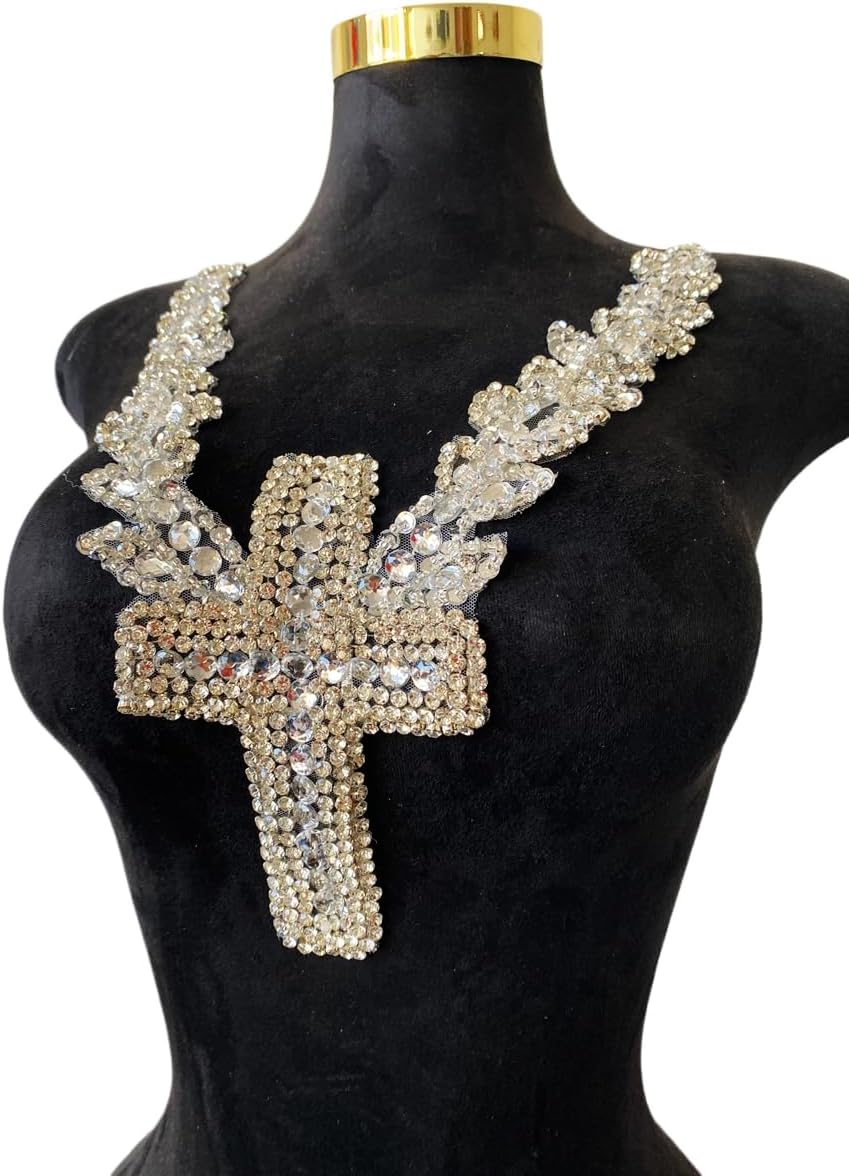 Unique Cross Decorative Appliques are Hand-Sewn Rhinestones Beads Trimming Patches Accessories for Dress Neck Decoration (Silver)