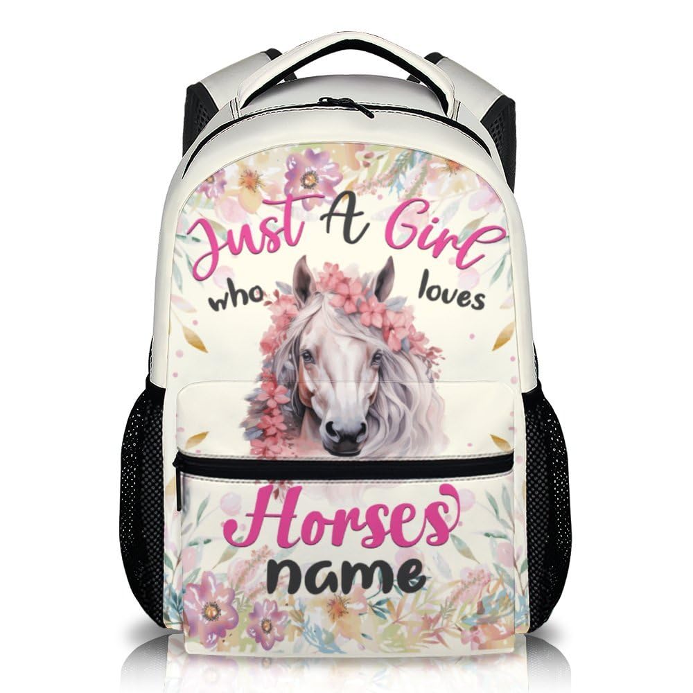 FLEXIMX Custom School Backpack for Kids, Horse Girls Backpack for Women, Personalized 17 Inch Cream Backpacks, Aesthetic Lightweight Bookbag