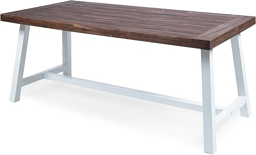 Miniatura 7 de Mesa de comedor de madera de chorro de arena marrón oscuro al aire libre con metal rústico blanco e