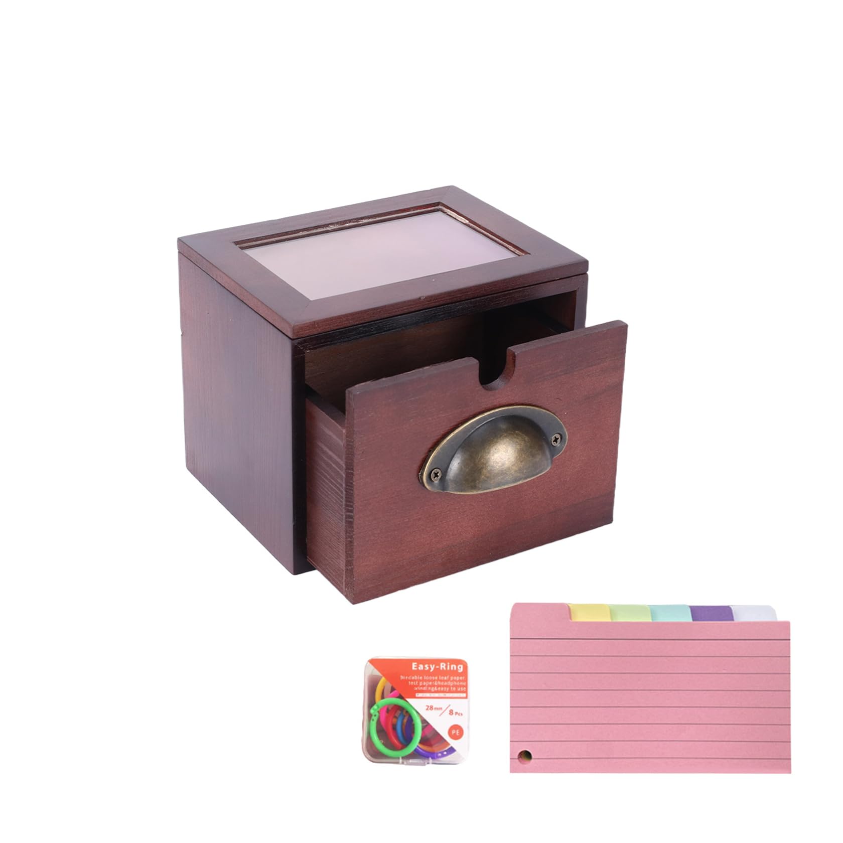 Fichero de madera con ventana – Caja de madera con 150 tarjetas de aprendizaje de colores y 8 anillas, caja de vocabulario estable y organizador para tarjetas