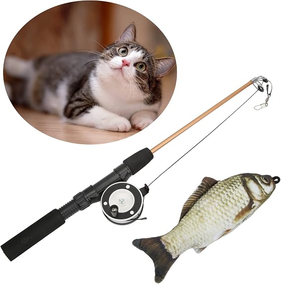 HAIKOO Fishing Rod Cat Toy, Pulley Telescopic Fishing Rod Cat Toy Manual Reel Design Lifelike Fish Design Safe to Use for Kicking for Biting (Grass carp + Fishing Rod)