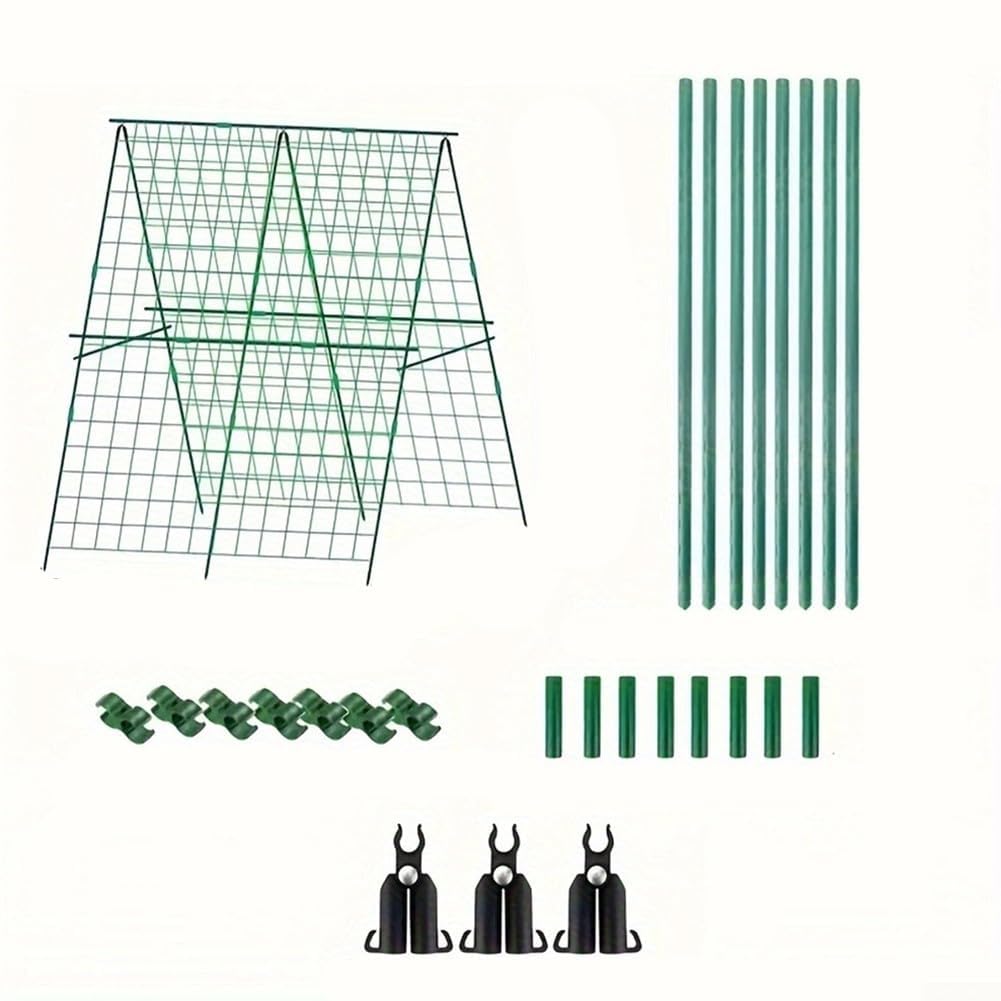 Foldable Cucumber Trellis for A Frame Garden - Steel Climbing Plant Support with Spiked Legs, Rust Resistant Green Tomato Plant, Easy Assembly