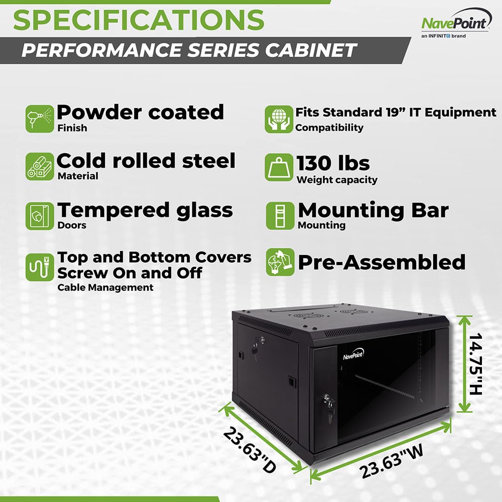 NavePoint Servidor de Red para Montaje en Pared 6u 600 mm de Profundidad Armario Rack Gabinete Puerta de Cristal Lock