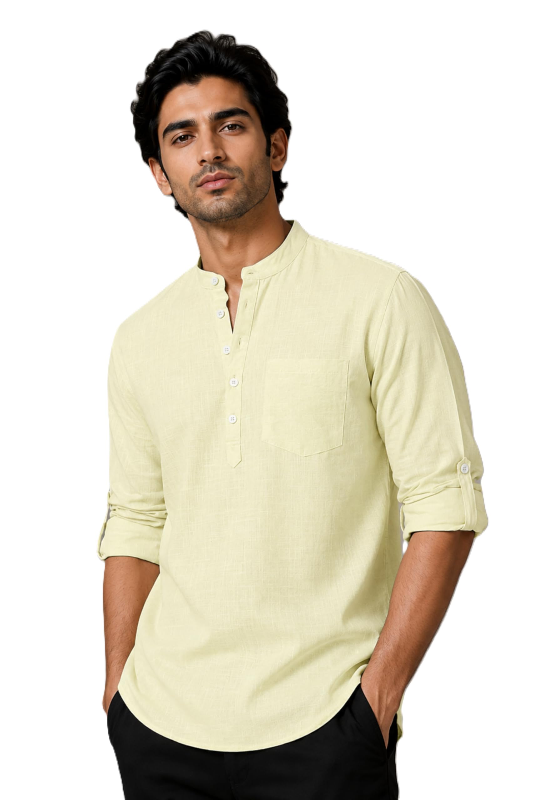 Men's Cotton Linen Blend Relax Fit Short Kurta | Mandarin Collar | Roll-Up Sleeves | Hip Length | Solid Light Yellow-picture-41