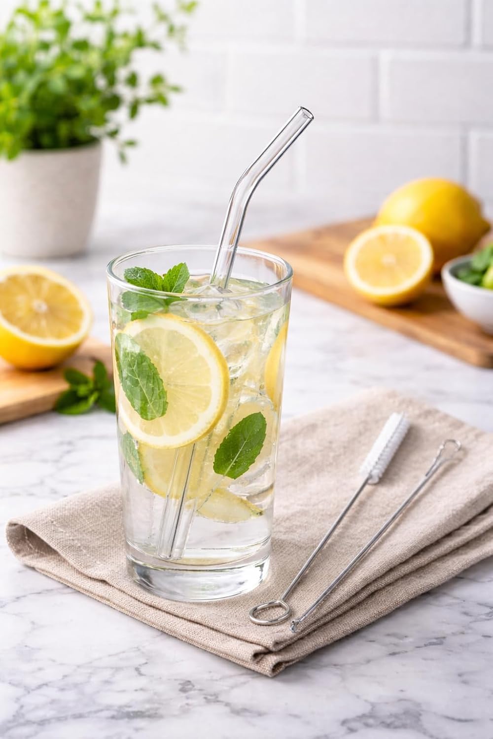 Hummingbird Glass Straws Clear 12" x 7 mm Long Reusable Straw Designed for Yeti and Starbucks Style Tumblers Made With Pride in USA - 4 Pack With Cleaning Brush (Bent)