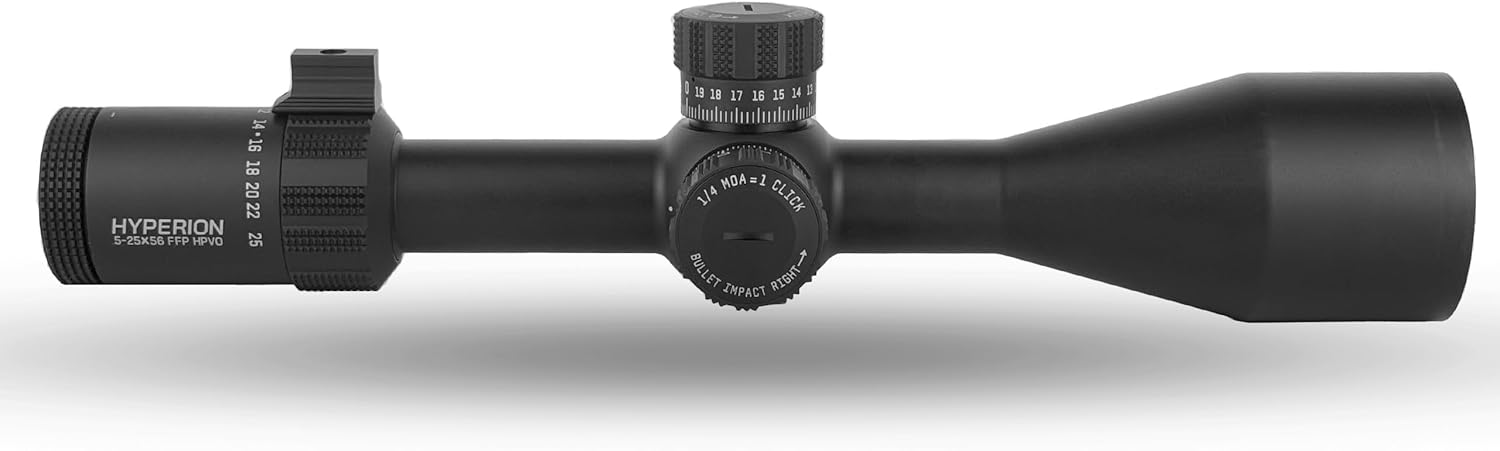Hyperion 5-25x First Focal Plane High Power Variable Scope with SecureLock Locking Turrets, Side Parallax, Illuminated Reticle, FFP-MOA | MOA Reticle | Rings NOT Included