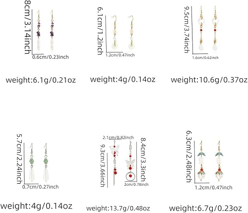 Vista 4 de 6 pares de aretes colgantes estilo étnico vintage, aretes de lágrima con elementos chinos para mujer