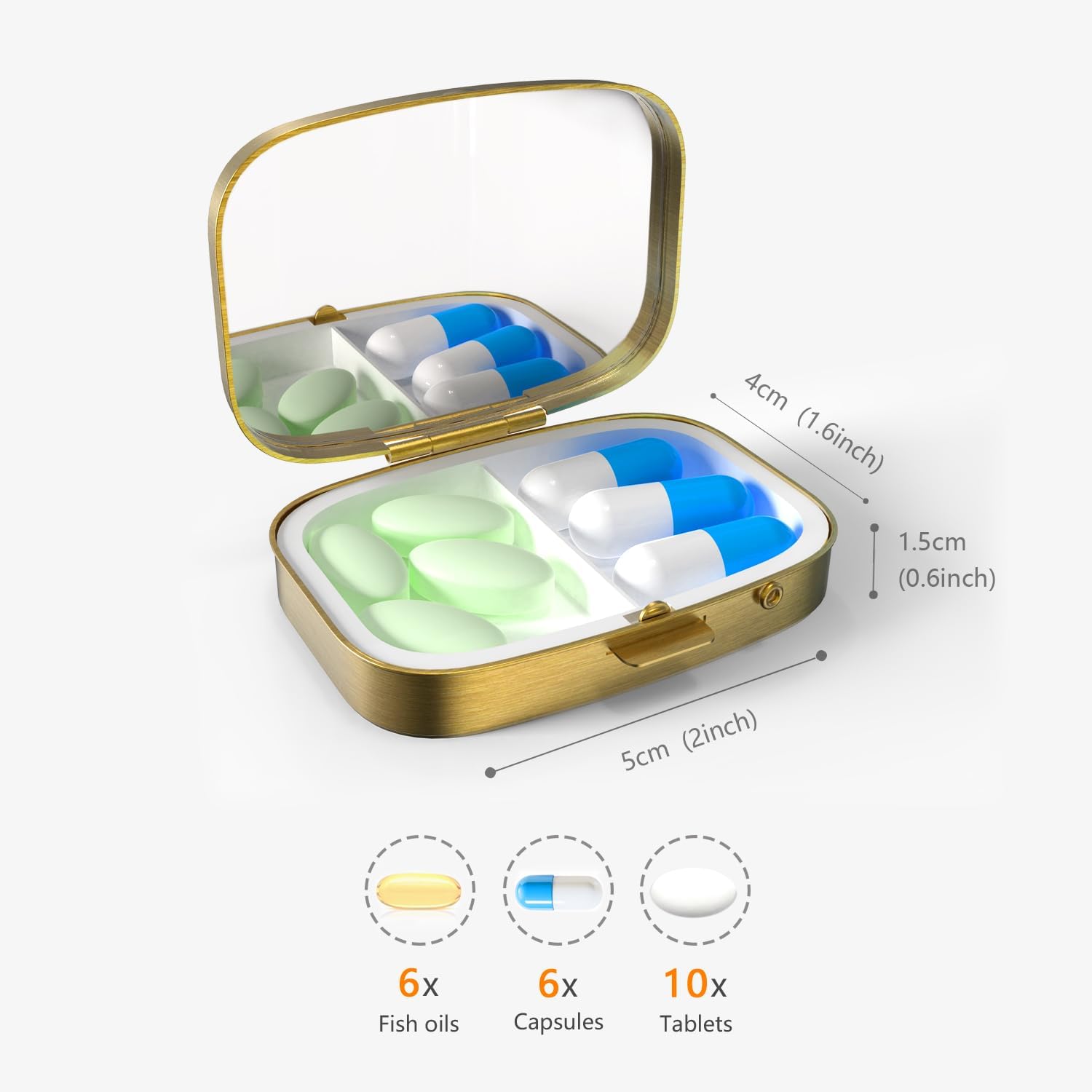Small Pill Box Pill Case with Mirror Retro Pocket 2 Compartment Pill Holder for Purse or Pocket Bronze Portable Medicine Vitamin Container Fish Oil and Supplement Storage BPA-Free(Daisy) image 3