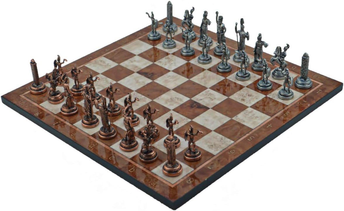 Metal Chess Set for Adults Greek Zeus Antique Copper Figures,Handmade Pieces and Different Design Wooden Chess Board (Mocha)