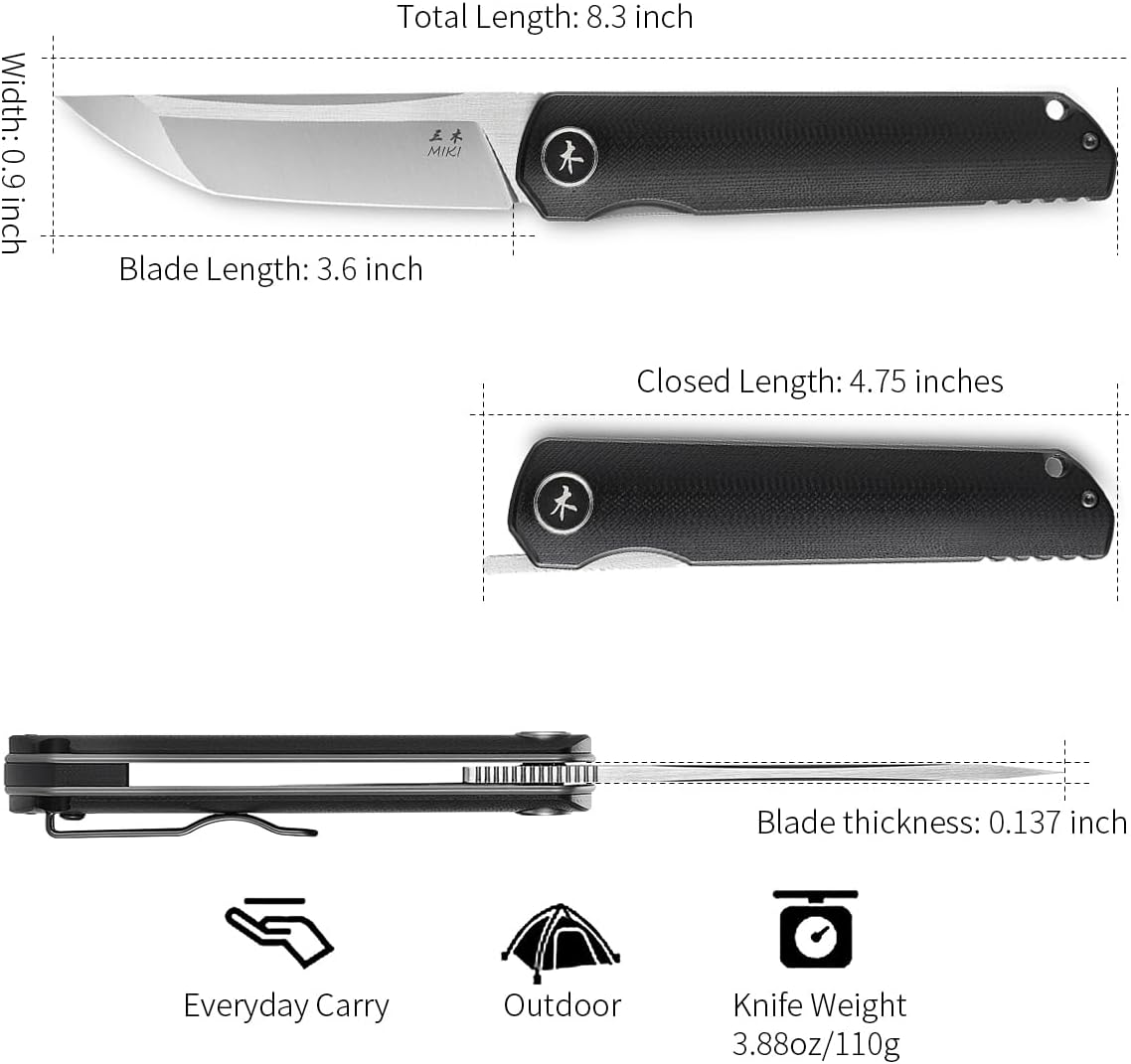 Miki Pocket Samurai Folding Knife, G10 Handle, Tanto w/ D2 Plain Blade, Outdoor Camping Hiking Knife Fishing And Everyday Carry, nique Tool Gift for EDC Men Women (Black-A)