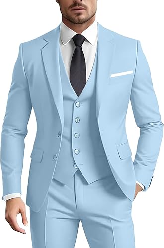 Men's Suit 3 Pieces Slim Fit Formal Business Wedding 2 Buttons Sky Blue Blazer V