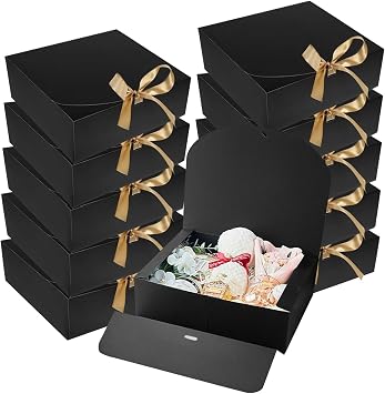 Black Gift Boxes with Lids 10 Pack - 16.5x16.5x5cm Gift Box for Presents with Gold Ribbons, Elegant Rigid Cardboard Bridesmaid Proposal Boxes for Wedding Birthday Graduation Party Favor Packaging