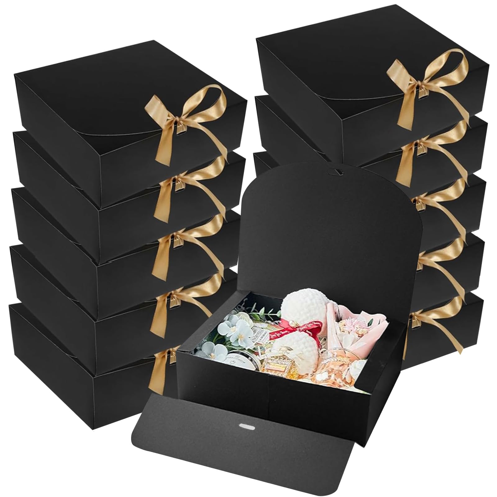 Black Gift Boxes with Lids 10 Pack - 16.5x16.5x5cm Gift Box for Presents with Gold Ribbons, Elegant Rigid Cardboard Bridesmaid Proposal Boxes for Wedding Birthday Graduation Party Favor Packaging